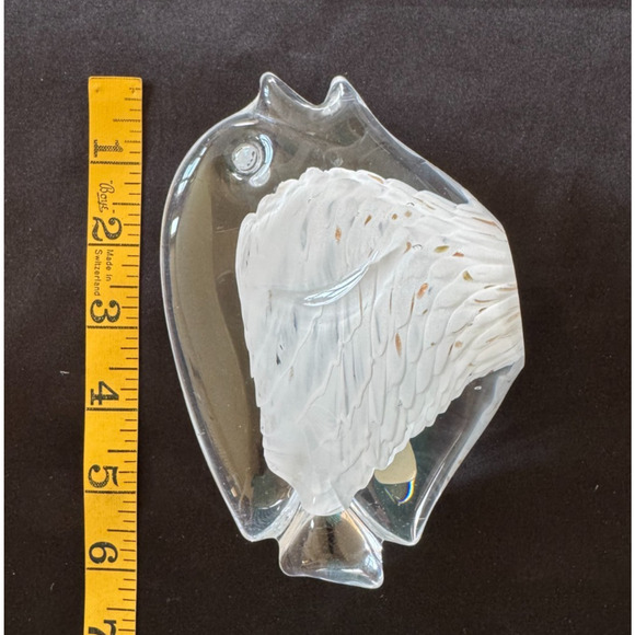 Marcolin Art Lead Crystal Fish Paperweight 6" Clear White Gold Fleck Made Italy - Picture 3 of 5